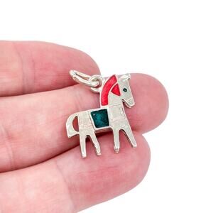 Vintage Sterling Silver 925 Red Green Enamel Horse Charm Pendant